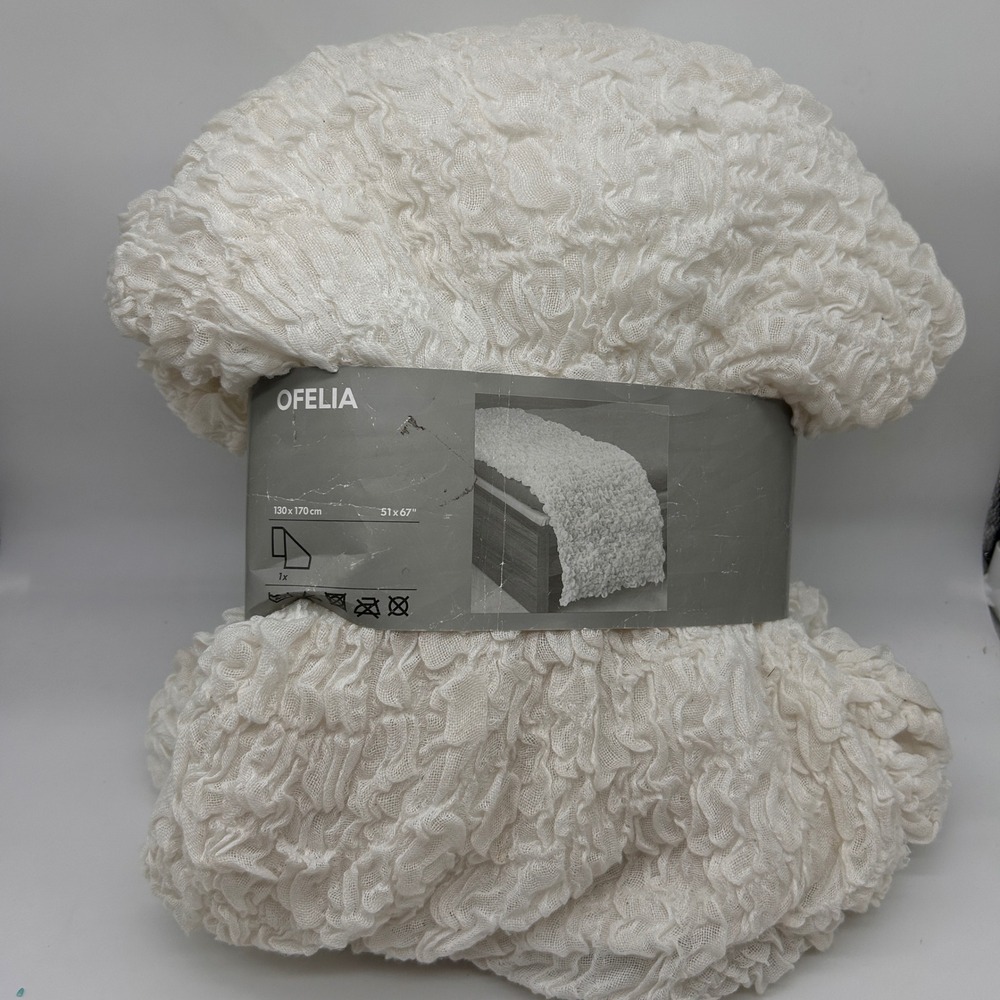 IKEA Ofelia Crinkle Throw Blanket White Textured Ruffled 51x67 601.315.93